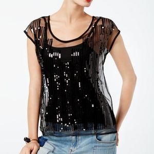 I.N.C. Black Sequin Illusion Top Created for Macys Size Medium New With Out Tags